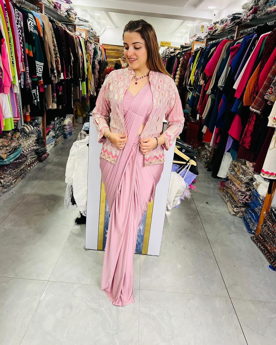 Ready-to-Wear Light Pink Saree and Jacket Set - Image 3