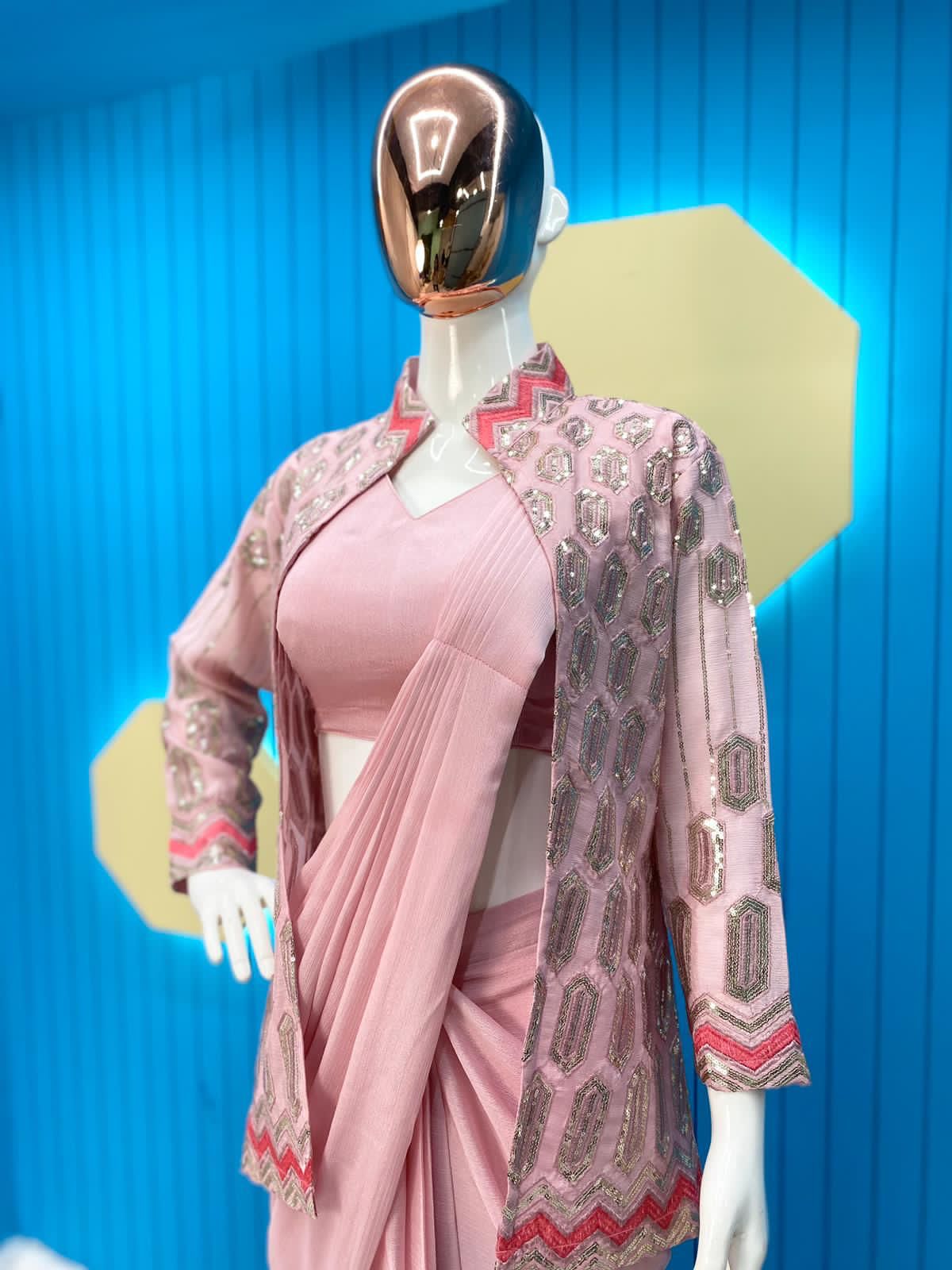 Ready-to-Wear Light Pink Saree and Jacket Set - Image 2