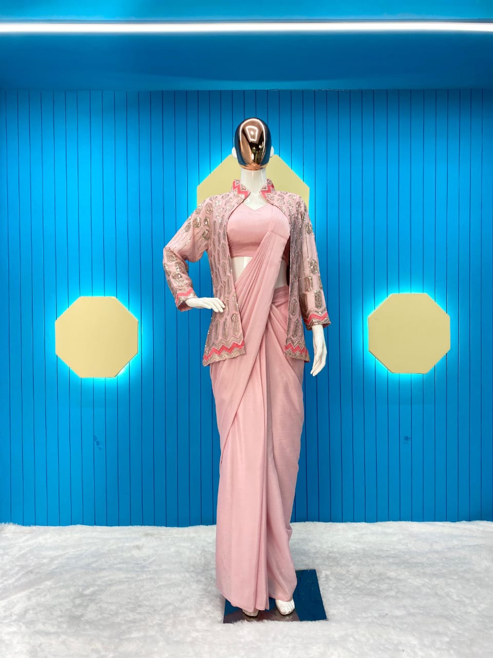 Ready-to-Wear Light Pink Saree and Jacket Set