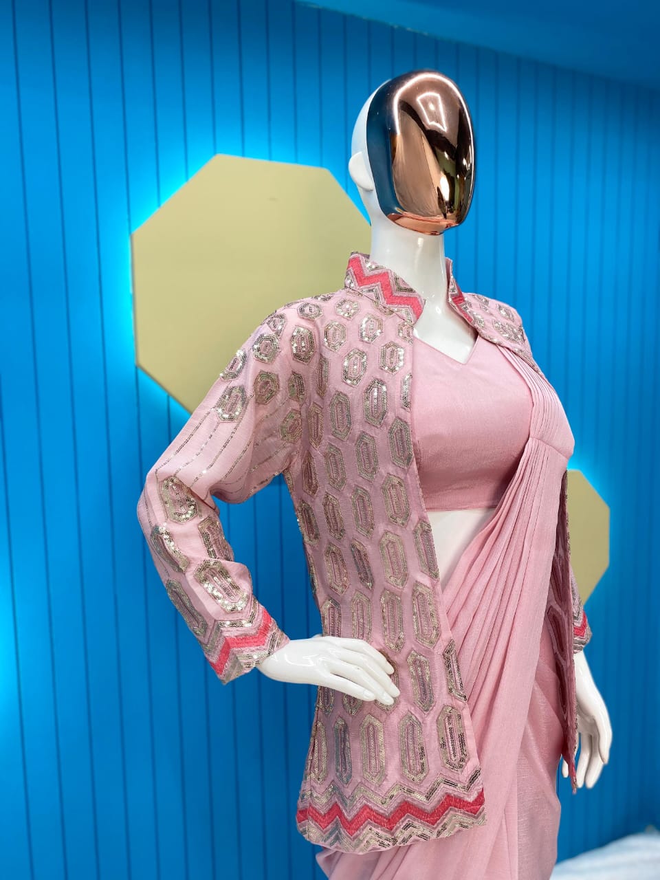 Ready-to-Wear Light Pink Saree and Jacket Set - Image 4