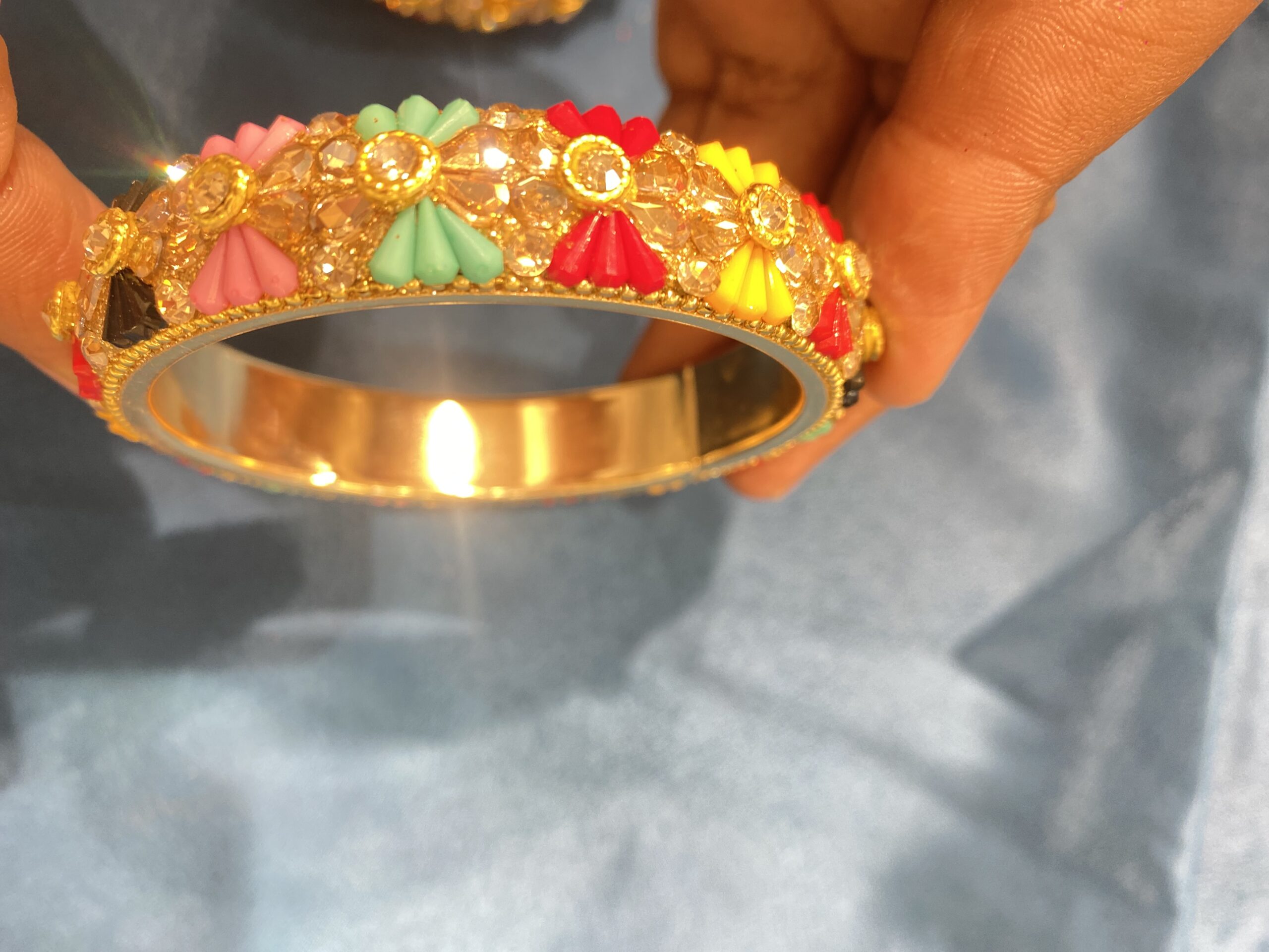 Multicolour Stone Metal Bangles with Flat Inner – Comfortable Fit (Set) - Image 4