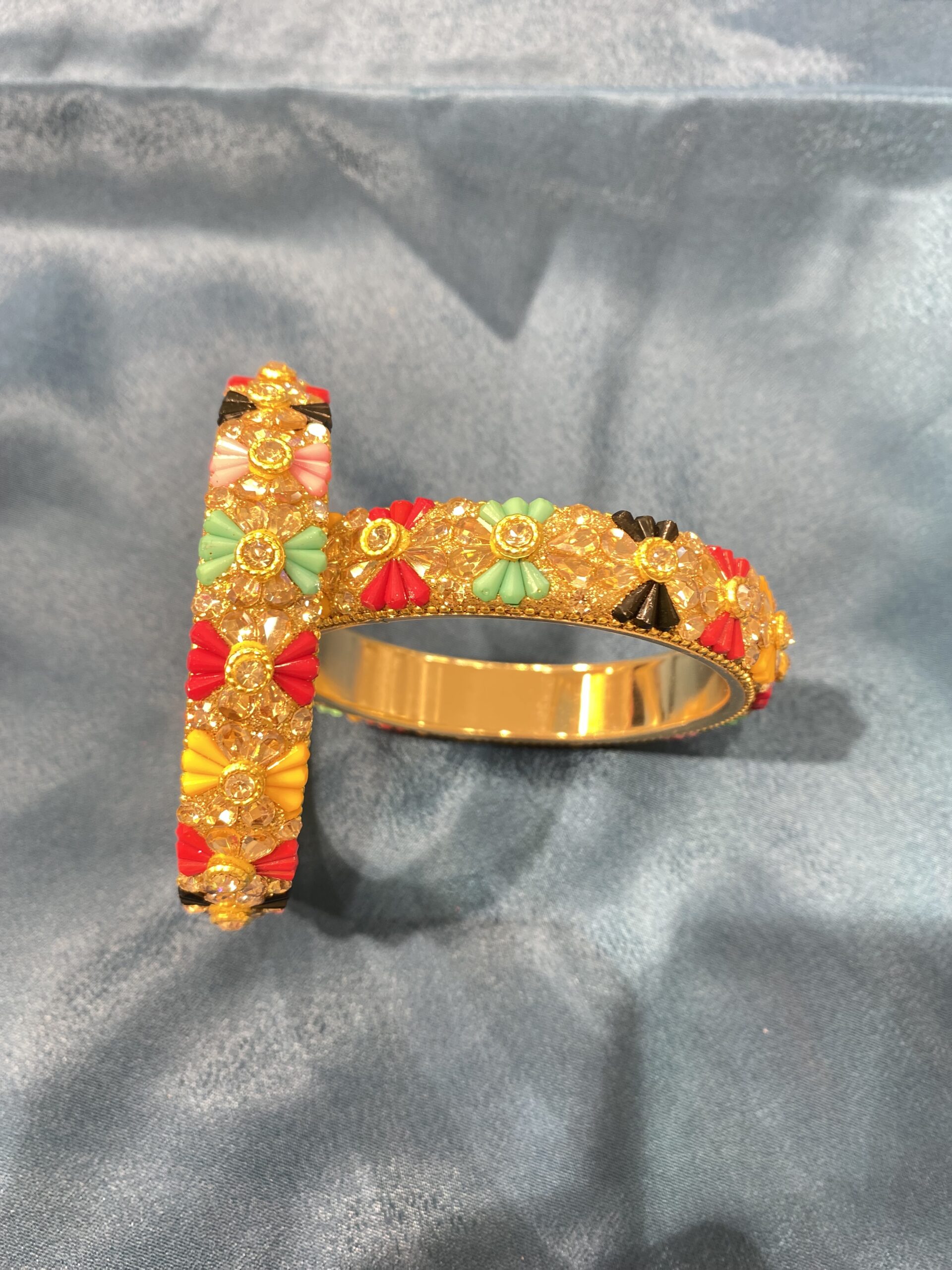 Multicolour Stone Metal Bangles with Flat Inner – Comfortable Fit (Set)