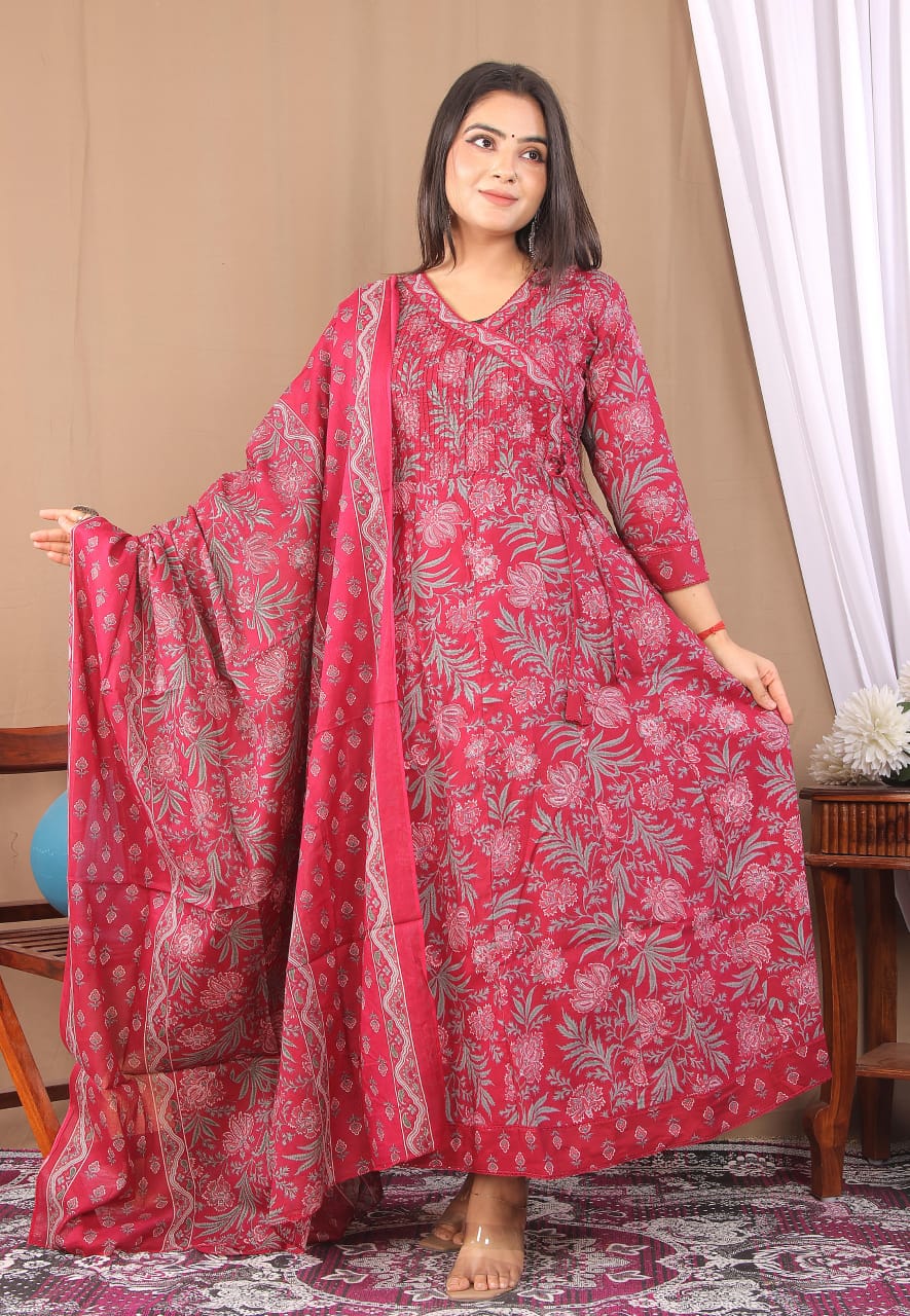 Mehroon Cotton 60×60 Frock Suit with Full Gher, Floral Print & Angrakha Neck - Image 2
