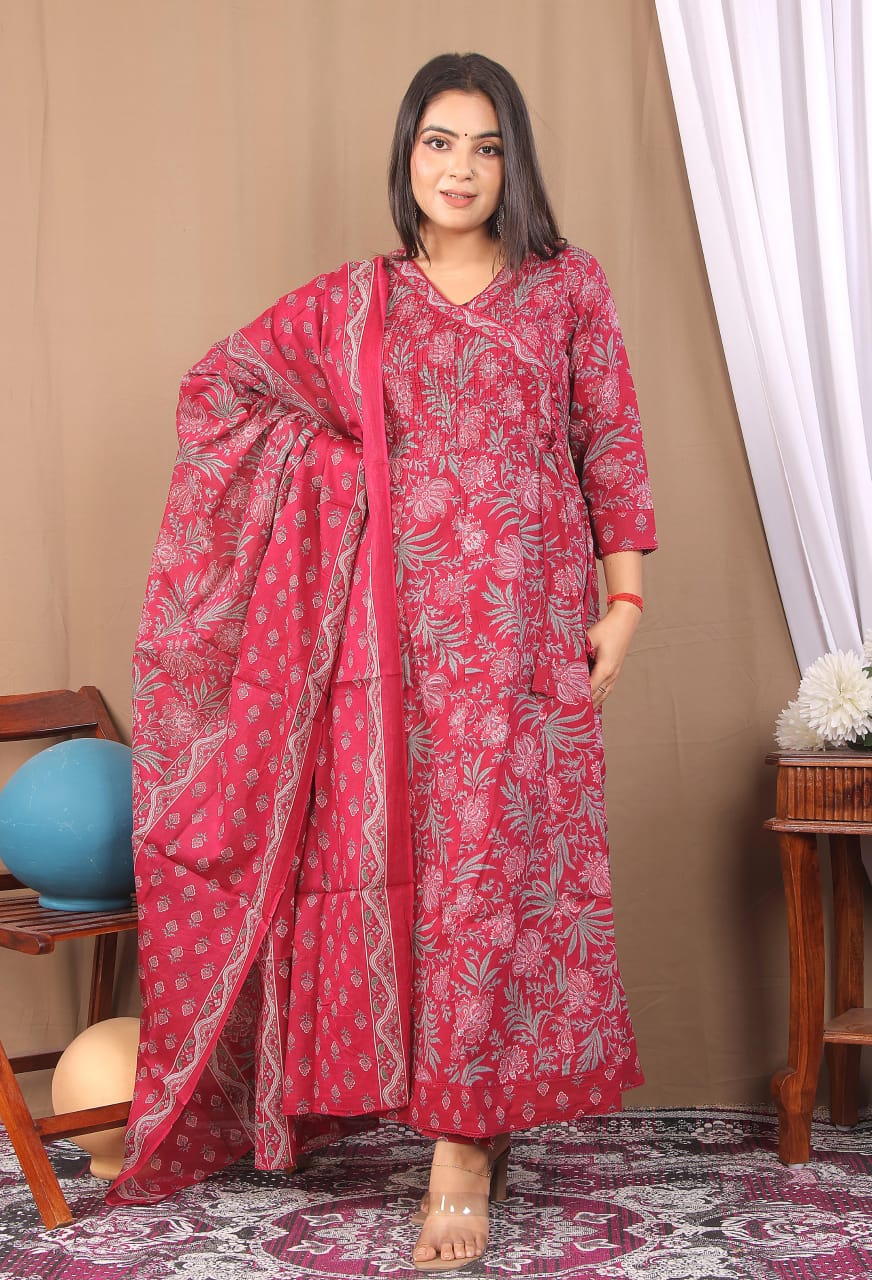 Mehroon Cotton 60×60 Frock Suit with Full Gher, Floral Print & Angrakha Neck - Image 4
