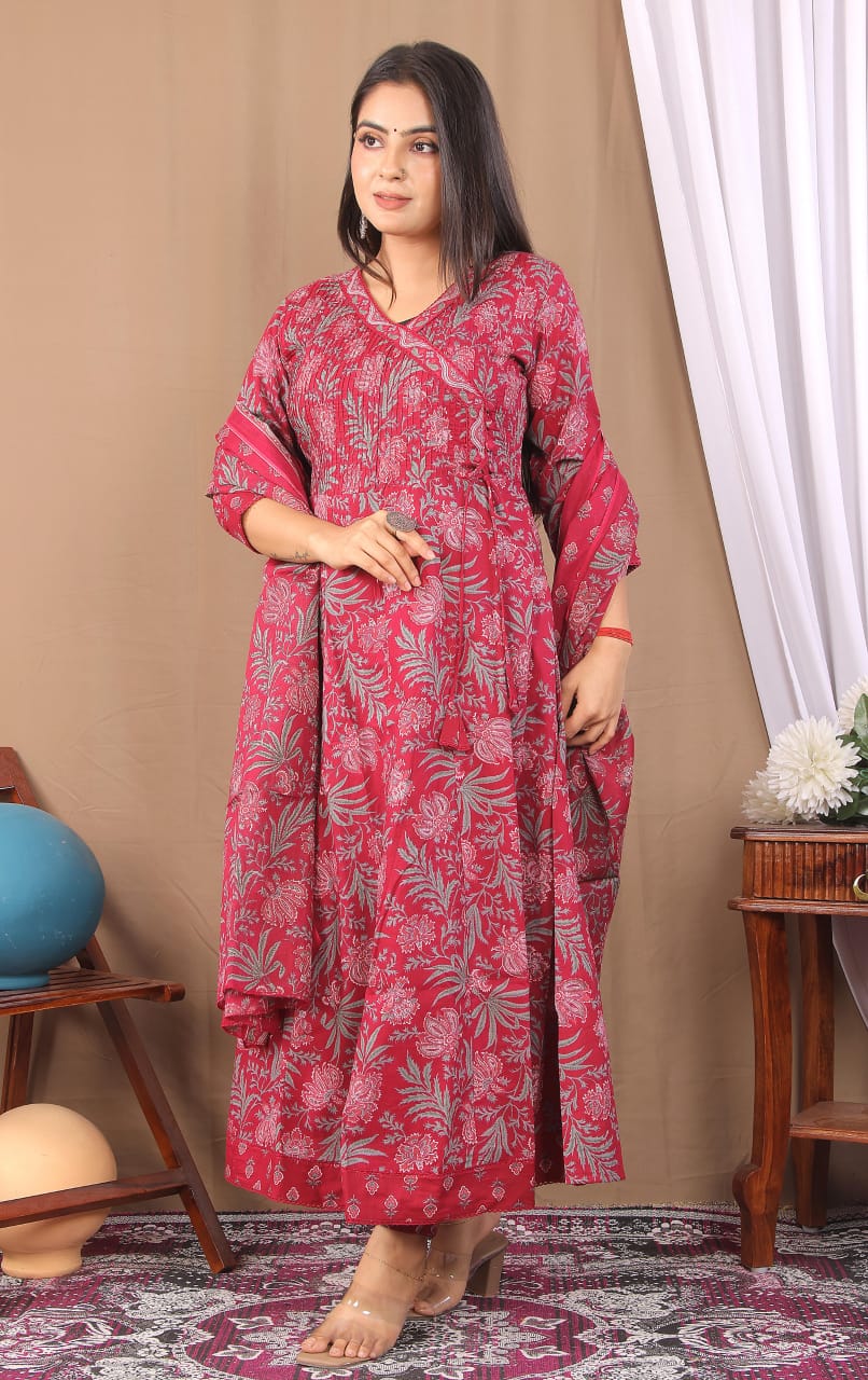 Mehroon Cotton 60×60 Frock Suit with Full Gher, Floral Print & Angrakha Neck - Image 3