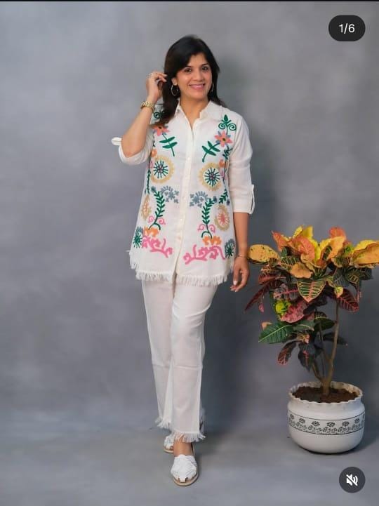 White Cotton Cord Set with Heavy Hand Embroidery & Fur Detailing