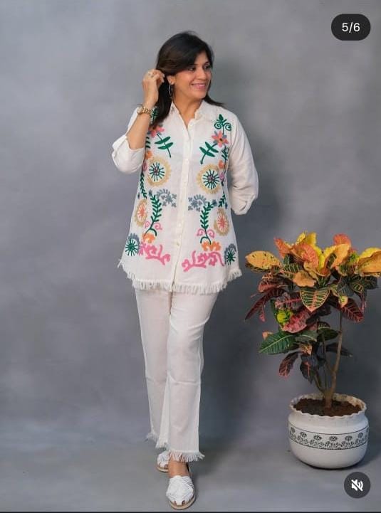 White Cotton Cord Set with Heavy Hand Embroidery & Fur Detailing - Image 3