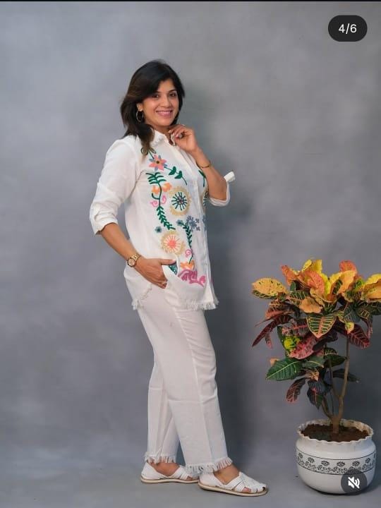 White Cotton Cord Set with Heavy Hand Embroidery & Fur Detailing - Image 4